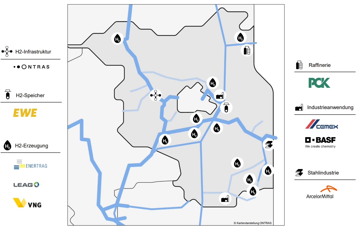 Wasserstoffcluster Brandenburg Karte mit Legende